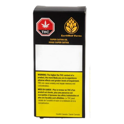 Front view of the black and yellow EarthWolf Farms Super Sativa Oil box with THC symbol and warning panel.