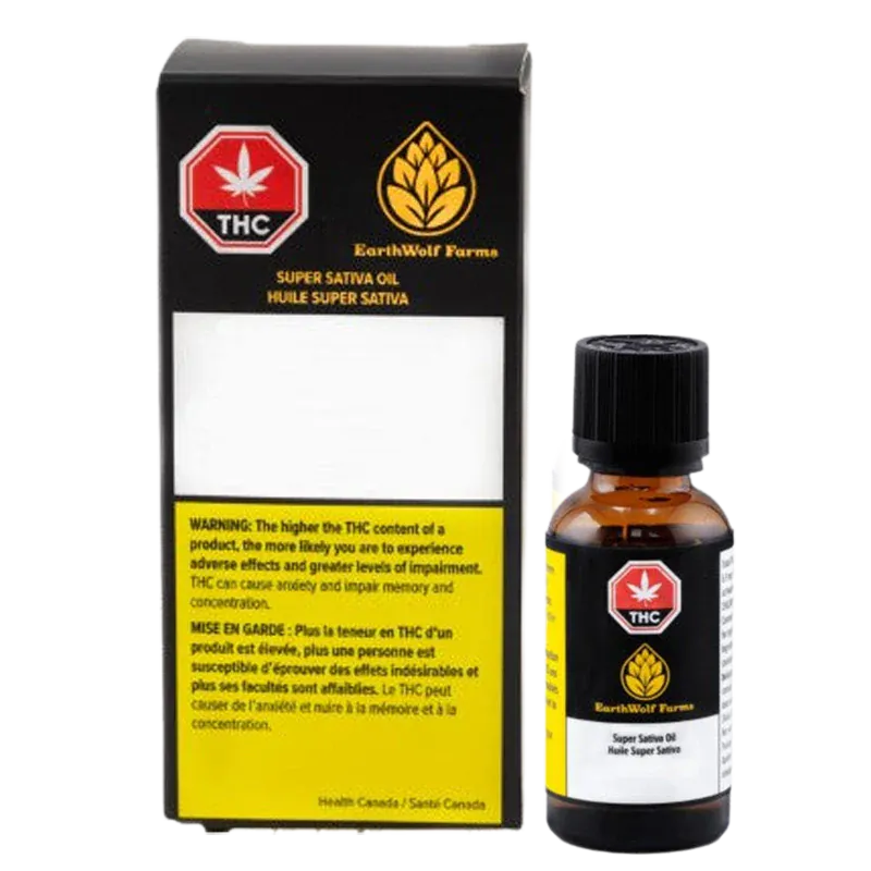 Front view of the EarthWolf Farms Super Sativa Oil 27.6 ml box and amber dropper bottle against a white background.