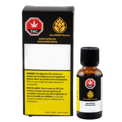 Front view of the EarthWolf Farms Super Sativa Oil 27.6 ml box and amber dropper bottle against a white background.