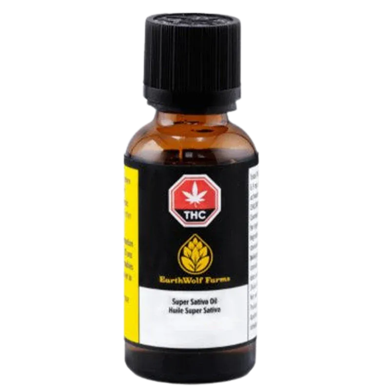 Front view of the amber dropper bottle labeled EarthWolf Farms Super Sativa Oil against a white background.