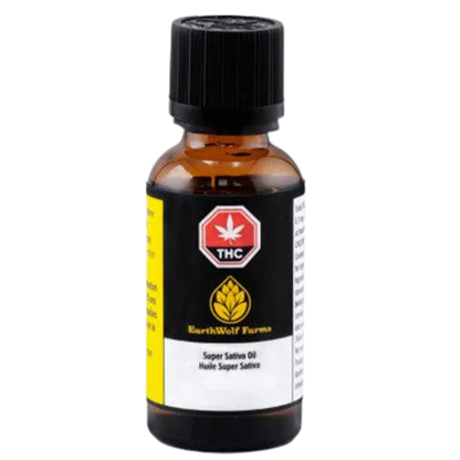 Front view of the amber dropper bottle labeled EarthWolf Farms Super Sativa Oil against a white background.