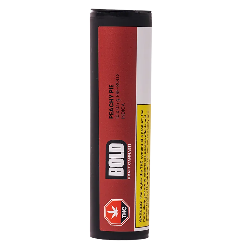 Tall front-facing tube of Peachy Pie PR 10 x 0.5 g with a red label, bold white logo and yellow warning strip on a white background