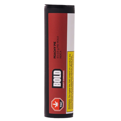 Tall front-facing tube of Peachy Pie PR 10 x 0.5 g with a red label, bold white logo and yellow warning strip on a white background