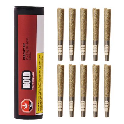 Cylinder of Peachy Pie PR 10 x 0.5 g standing left with ten pre-rolled joints arranged in two neat columns on a white background