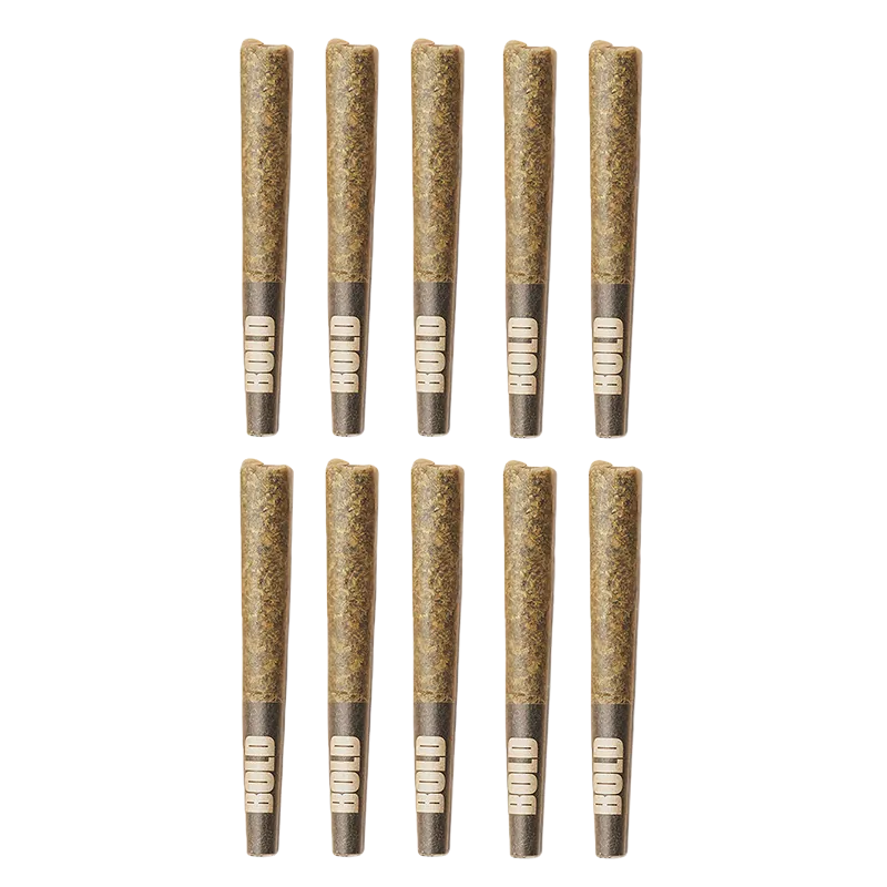 Top-down view of ten Peachy Pie PR 10 x 0.5 g pre-rolled cones arranged in two neat rows on a white background.