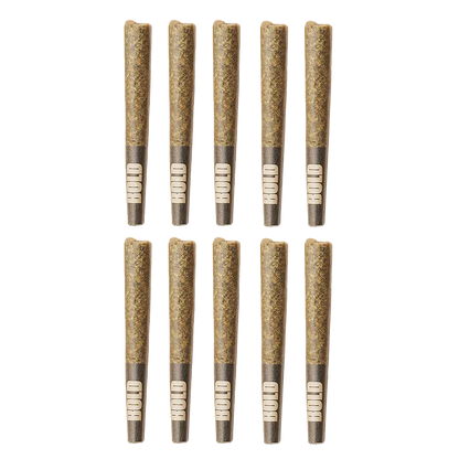 Top-down view of ten Peachy Pie PR 10 x 0.5 g pre-rolled cones arranged in two neat rows on a white background.