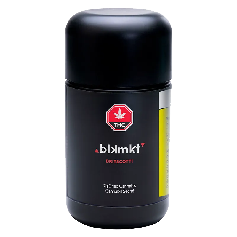 Front view of a black cylindrical container labeled "Britscotti" and blkmkt with a red THC stop sign logo on a white background.