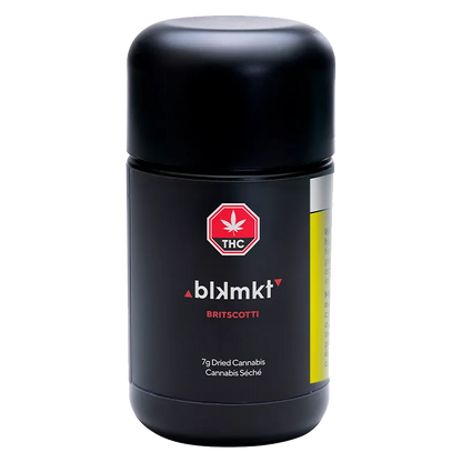 Front view of a black cylindrical container labeled "Britscotti" and blkmkt with a red THC stop sign logo on a white background.