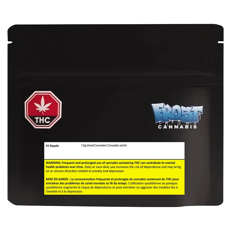 Front-facing black pouch photographed against white showing the Frost Cannabis 91 Royale logo at right and a THC warning badge at left.