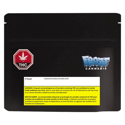 Front-facing black pouch photographed against white showing the Frost Cannabis 91 Royale logo at right and a THC warning badge at left.