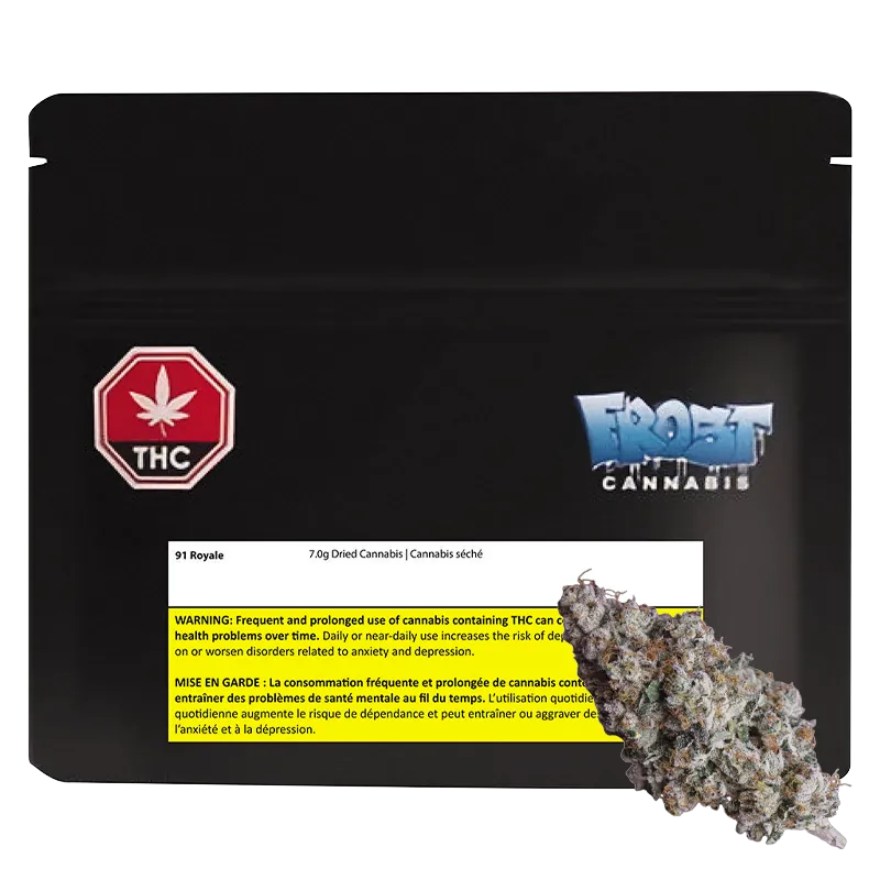 Black resealable pouch photographed head-on with a white warning label and a Frost Cannabis logo, showing a 91 Royale bud at lower right.