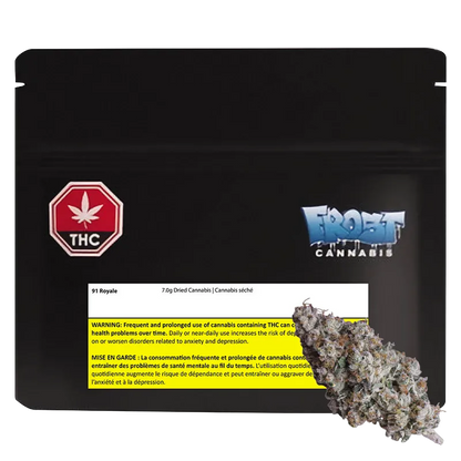 Black resealable pouch photographed head-on with a white warning label and a Frost Cannabis logo, showing a 91 Royale bud at lower right.