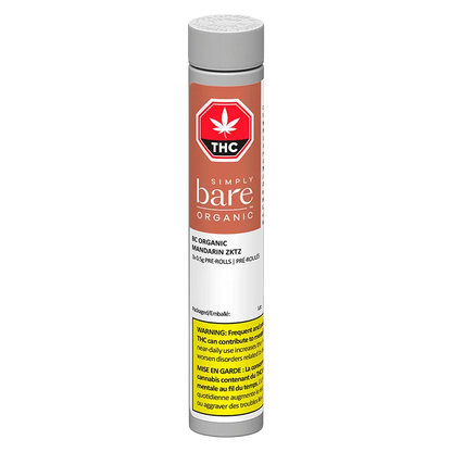 Tall front-facing tube of BC Organic Mandarin Zktz PR 3 x 0.5 g with an orange label, white cap, THC symbol, and yellow warning panel.