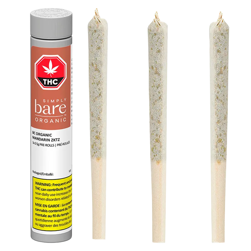 Front-facing shot of a tube and three slim pre-rolls labeled BC Organic Mandarin Zktz PR 3 x 0.5 g against a white background.