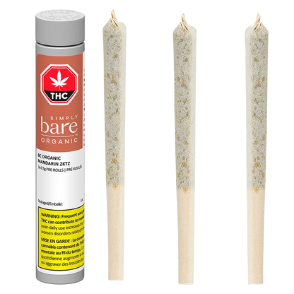 Front-facing shot of a tube and three slim pre-rolls labeled BC Organic Mandarin Zktz PR 3 x 0.5 g against a white background.