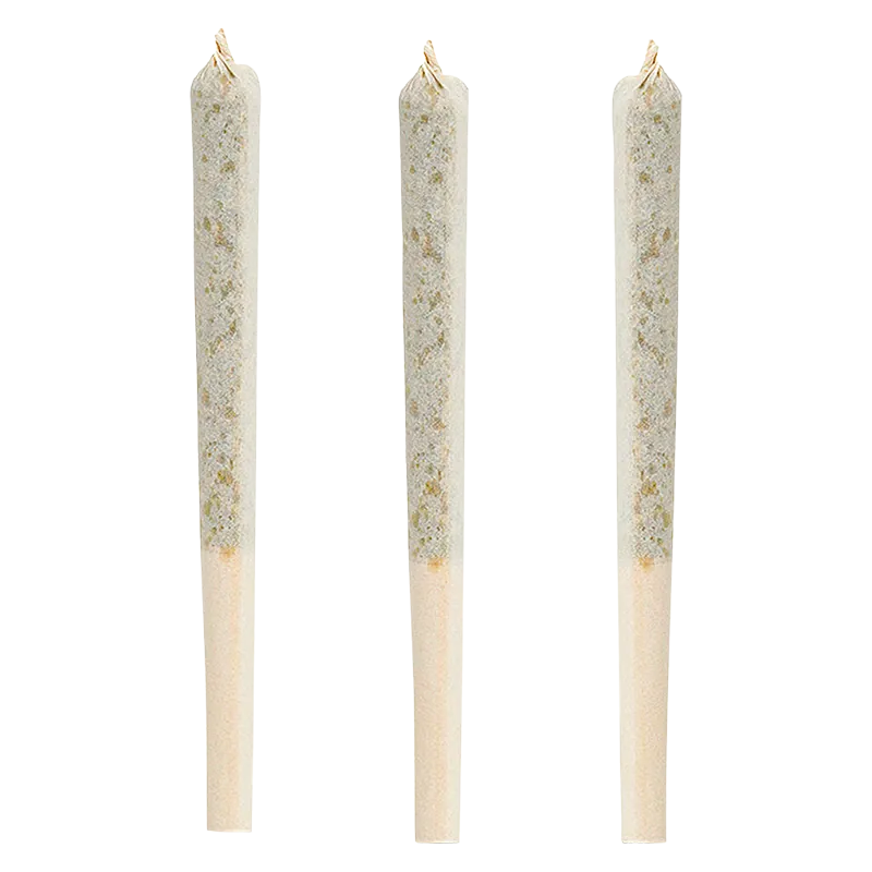 Three evenly spaced, upright BC Organic Mandarin Zktz PR 3 x 0.5 g pre-rolls photographed on a white background.