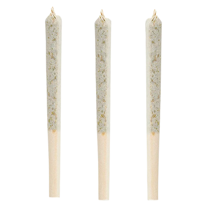 Three evenly spaced, upright BC Organic Mandarin Zktz PR 3 x 0.5 g pre-rolls photographed on a white background.