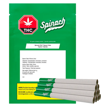 Front-facing green package with a red THC octagon and "Spinach" logo, the "STIX Space Cake PR 10 x 0.4 g" bag shown with a stack of green‑tipped pre-rolls at the lower right.