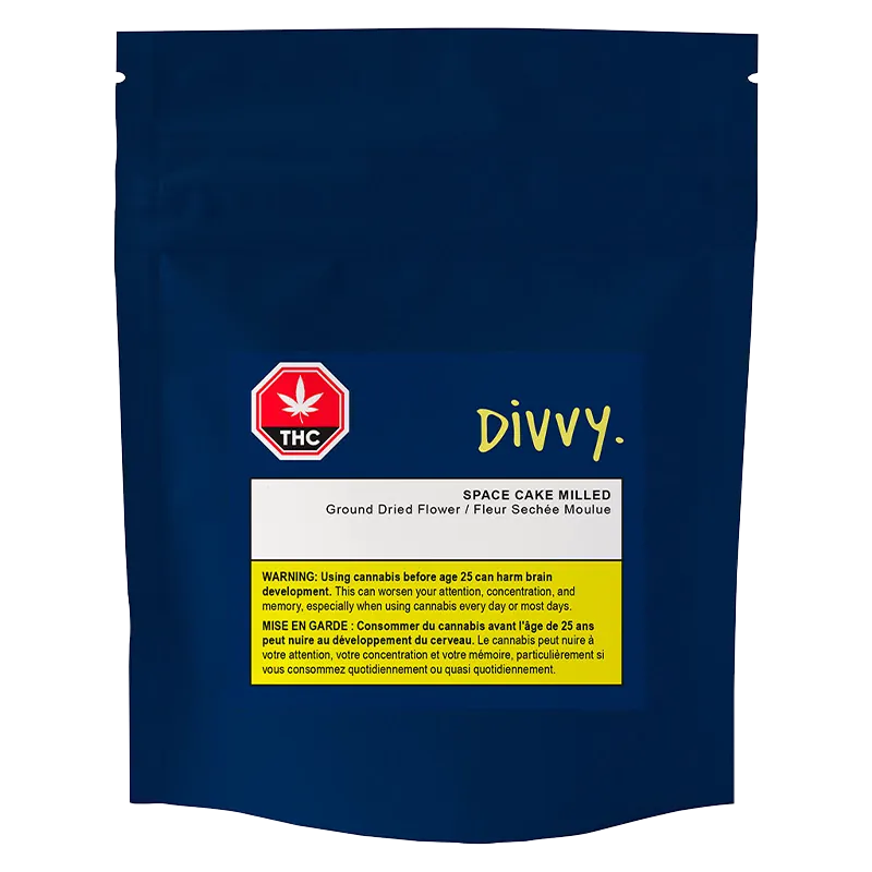 Front-facing shot of the navy resealable pouch labeled "Divvy. Space Cake Milled" with THC symbol and yellow warning box near the bottom