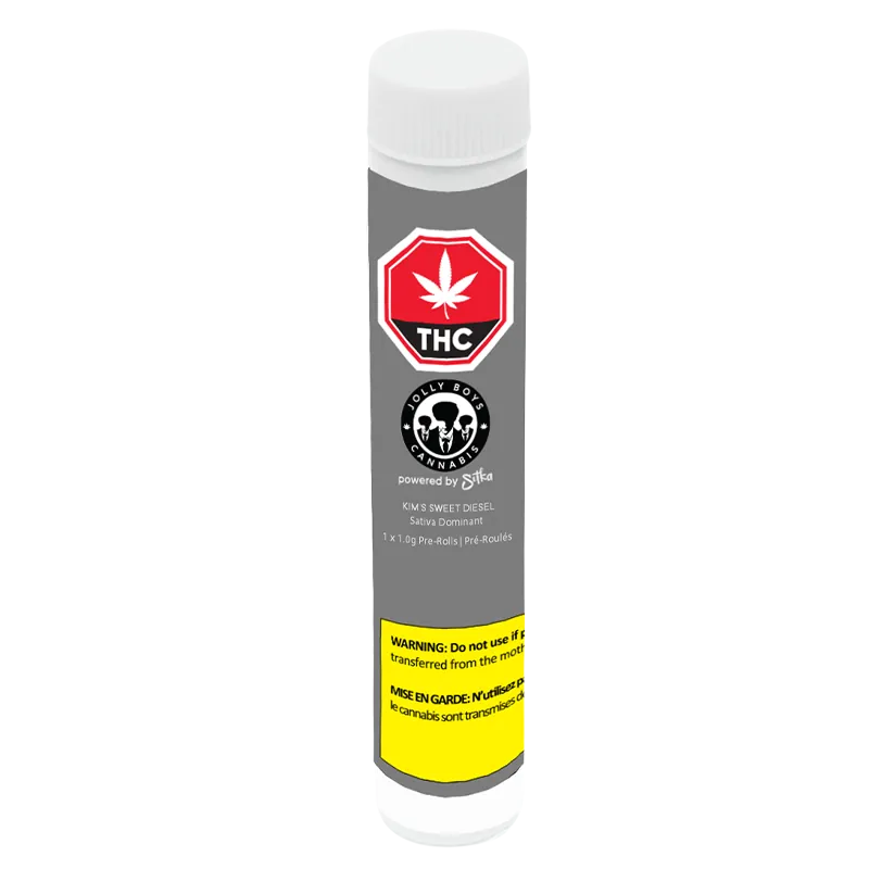 Front-facing shot of a tall gray tube labeled Kim's Sweet Diesel PR 1 x 1 g with THC emblem, skull logo, and a yellow warning band.