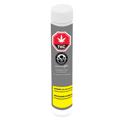 Front-facing shot of a tall gray tube labeled Kim's Sweet Diesel PR 1 x 1 g with THC emblem, skull logo, and a yellow warning band.