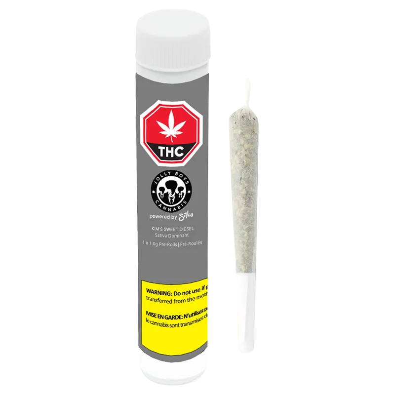 Vertical front view of a clear tube and a single pre-roll standing beside it labeled Kim's Sweet Diesel PR 1 x 1 g.