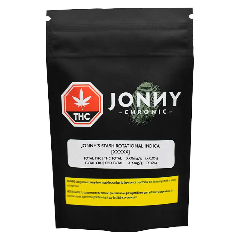 Front-facing shot of a black pouch labeled Jonny's Stash Rotational with logo, white info panel, and yellow warning box.