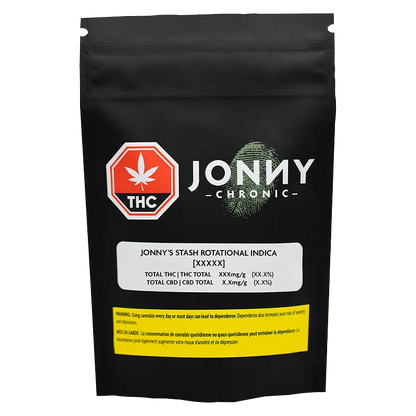 Front-facing shot of a black pouch labeled Jonny's Stash Rotational with logo, white info panel, and yellow warning box.