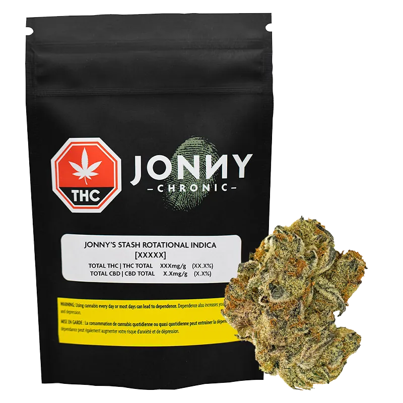 Front view of a black pouch and a single bud, showing the Jonny's Stash Rotational package artwork and a close-up of the green, orange-flecked nug.