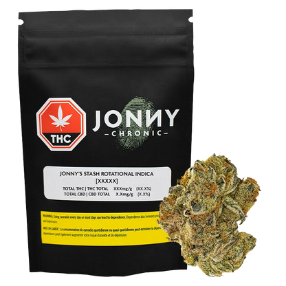 Front view of a black pouch and a single bud, showing the Jonny's Stash Rotational package artwork and a close-up of the green, orange-flecked nug.