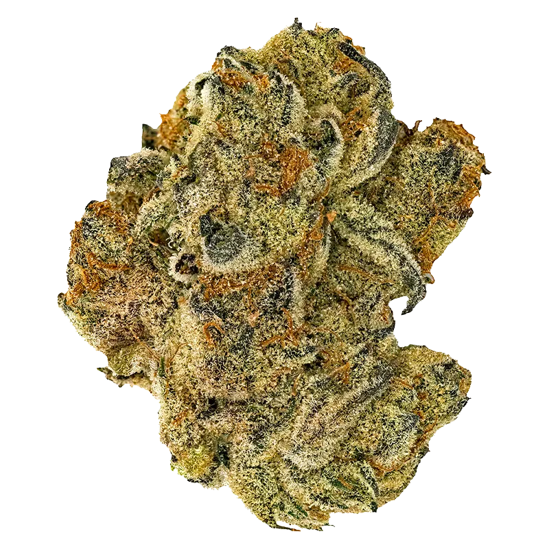 Close-up top view of a dense, trichome-coated bud labeled Jonny's Stash Rotational against a white background.