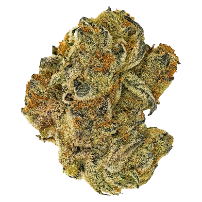 Close-up top view of a dense, trichome-coated bud labeled Jonny's Stash Rotational against a white background.