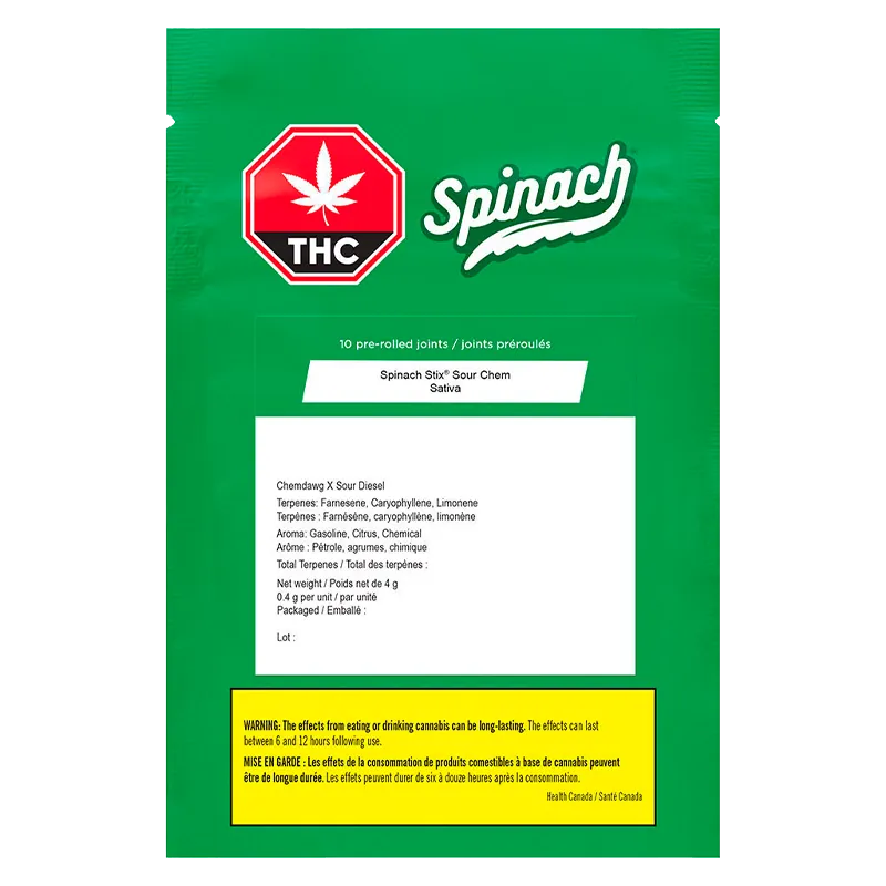 Flat front view of the green packet labeled STIX Sour Chem PR 10 x 0.4 g with a red THC stop sign and white Spinach logo.