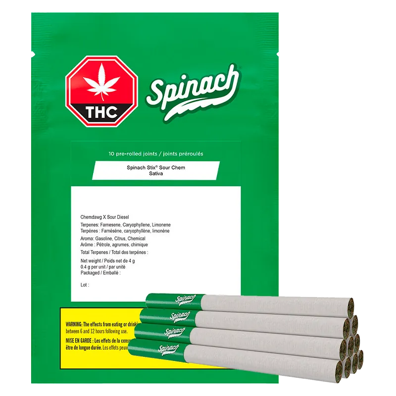 Front view of a green package and stacked pre-rolls showing the STIX Sour Chem PR 10 x 0.4 g branding and white label details.