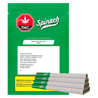 Front view of a green package and stacked pre-rolls showing the STIX Sour Chem PR 10 x 0.4 g branding and white label details.