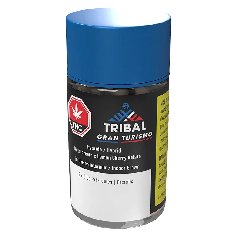 Angled front view of the Tribal Gran Turismo PR 5 x 0.5 g cylindrical container with a blue cap, black label and visible THC symbol.
