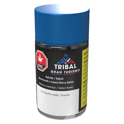 Angled front view of the Tribal Gran Turismo PR 5 x 0.5 g cylindrical container with a blue cap, black label and visible THC symbol.