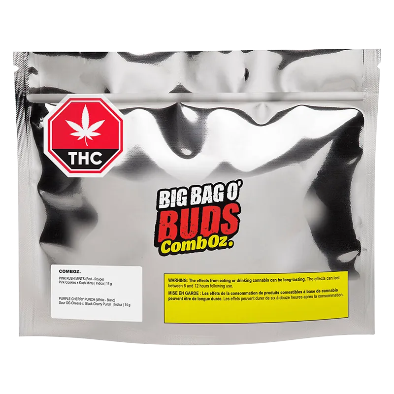 A front-facing shot of a reflective silver pouch labeled Comboz Purplecherry with bold "Big Bag O' Buds" text and a THC symbol.