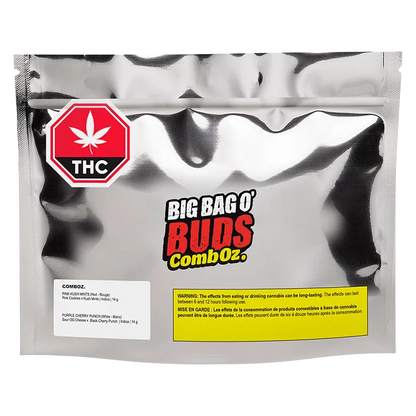 A front-facing shot of a reflective silver pouch labeled Comboz Purplecherry with bold "Big Bag O' Buds" text and a THC symbol.
