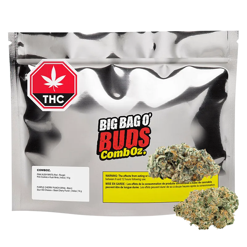 Front-facing shot of a reflective silver pouch labeled Big Bag O' Buds with a THC symbol and two loose purple-green buds, Comboz Purplecherry.