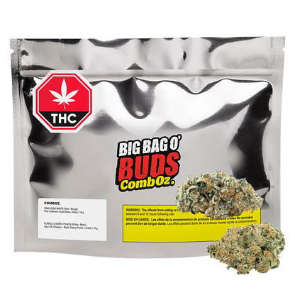 Front-facing shot of a reflective silver pouch labeled Big Bag O' Buds with a THC symbol and two loose purple-green buds, Comboz Purplecherry.