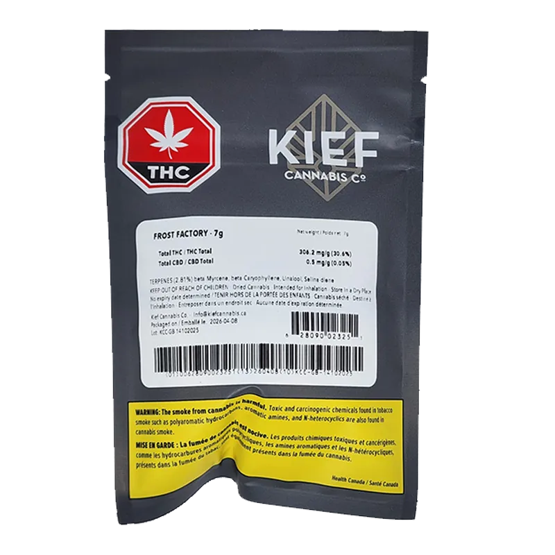 Front view of the black pouch labeled "Frost Factory" by KIEF Cannabis Co., showing a red THC symbol, white info panel and yellow warning strip.