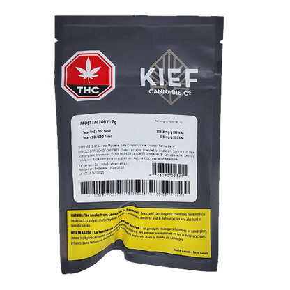 Front view of the black pouch labeled "Frost Factory" by KIEF Cannabis Co., showing a red THC symbol, white info panel and yellow warning strip.