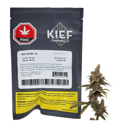 Front view of the Frost Factory 7g black Kief Cannabis Co. pouch with a labeled panel and a cannabis bud beside it.