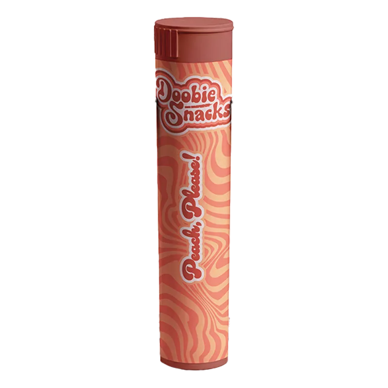 Tall front view of a peach-patterned tube labeled "Peach Please PR 4 x 0.5 g" standing upright against a white background.