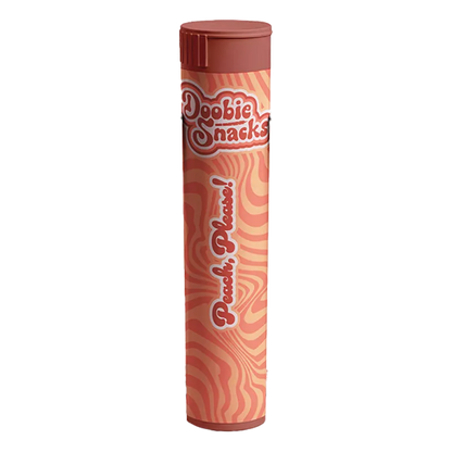 Tall front view of a peach-patterned tube labeled "Peach Please PR 4 x 0.5 g" standing upright against a white background.