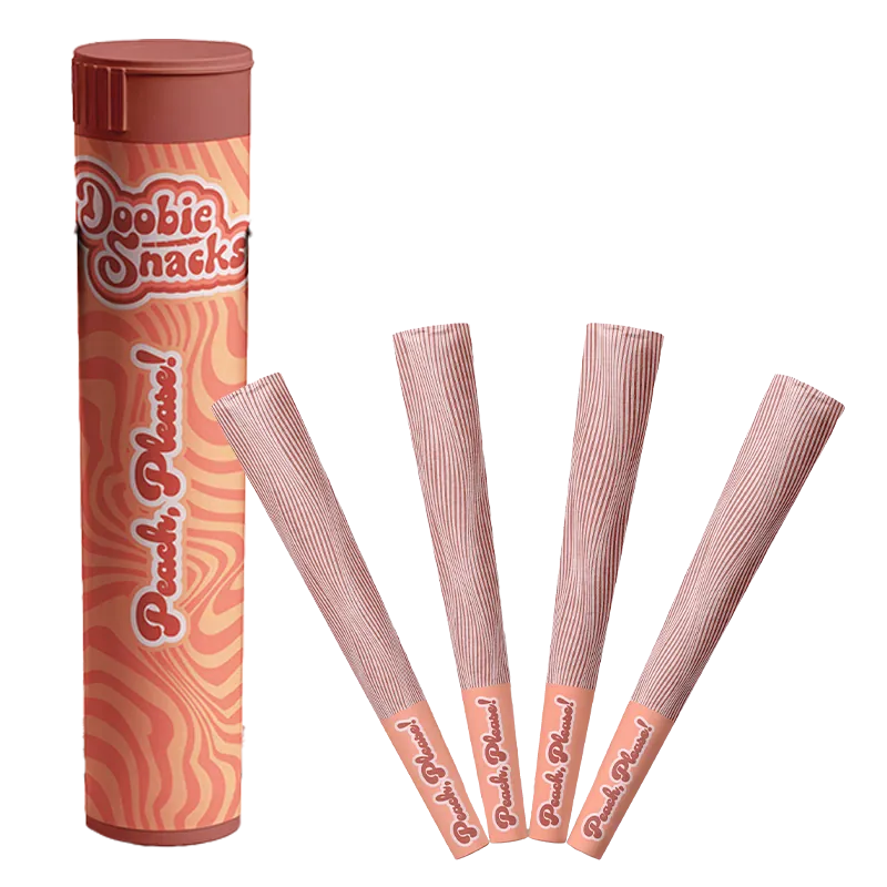 Angled front view of the cylindrical tube and four peach-striped cones, labeled "Peach Please PR 4 x 0.5 g," against a white background.