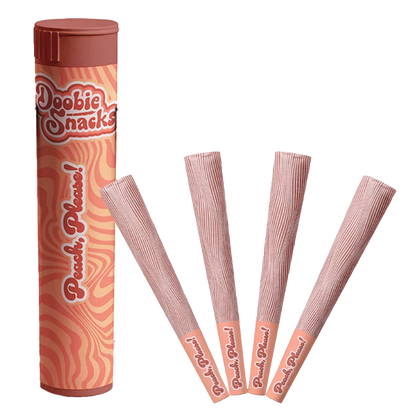 Angled front view of the cylindrical tube and four peach-striped cones, labeled "Peach Please PR 4 x 0.5 g," against a white background.