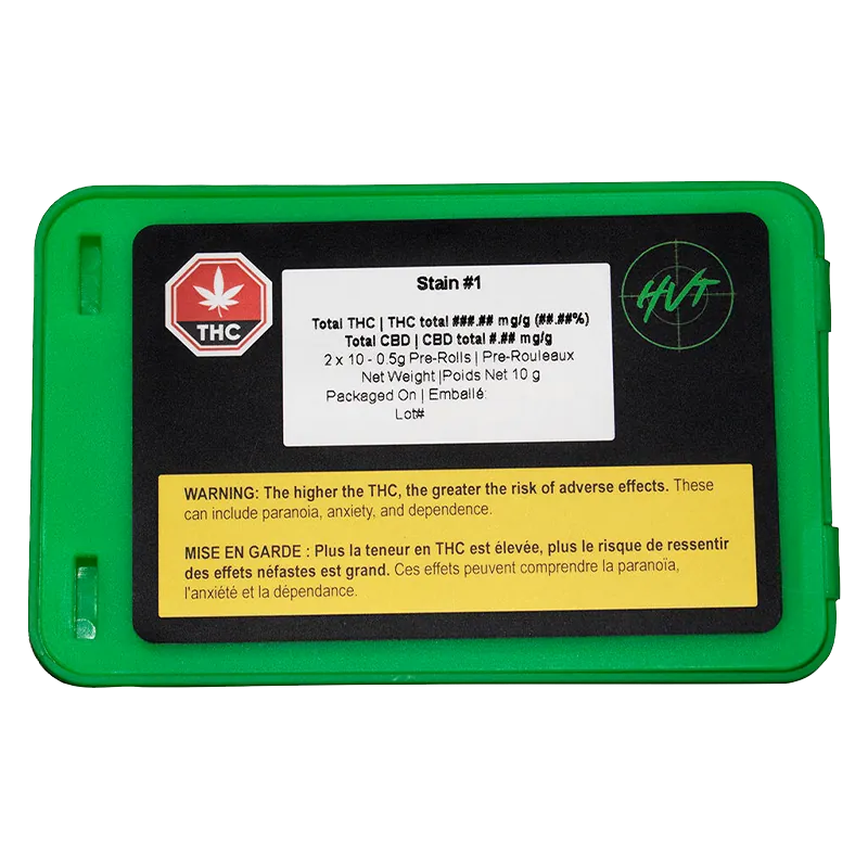 Top-down view of a green plastic tray labeled "Dual Pre PR 20 x 0.5 g" showing a black inset with a white product sticker, THC symbol, and a yellow warning panel.