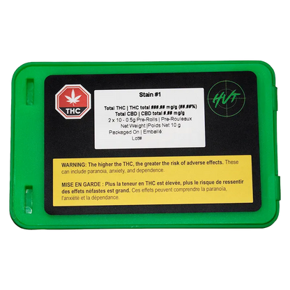 Top-down view of a green plastic tray labeled "Dual Pre PR 20 x 0.5 g" showing a black inset with a white product sticker, THC symbol, and a yellow warning panel.